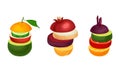 Set of sliced fruit and vegetables. Cucumber, apple, tomato, onion, pomegranate, apricot, beetroot round slices in stack