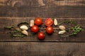 Set of sliced vegetables for making salads or other dishes on a brown wooden table. top view. place for text. ingredients for cook Royalty Free Stock Photo