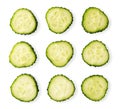 A set of slices of cucumber top view. Isolated on a white