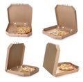 Set with slices of pizza in cardboard boxes on white background. Food delivery Royalty Free Stock Photo