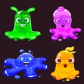 Set Slime jelli monsters characters, liquid yellow green violet blue creatures. Funny cute cartoon vector illustration Royalty Free Stock Photo