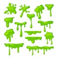 Set Of Slime Splashes, Liquid Goo Of Toxic Green Color, Abstract Blots, Dripping Halloween Texture For Banner Decoration