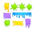 Set of Slime Splashes, Liquid Goo of Yellow, Purple, Green and Blue Blots. Dripping Halloween Texture for Banner