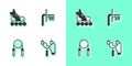 Set Slingshot, Roller skate, Jump rope and Basketball backboard icon. Vector