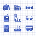 Set Slippers with socks, Gamepad, Waist bag of banana, Eyeglasses, Crossword, Book, Bow tie and Sweater icon. Vector Royalty Free Stock Photo