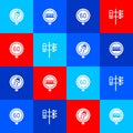 Set Slippery road traffic, Railroad crossing, Speed limit and Traffic light icon. Vector