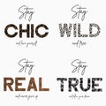 Set of slogan t-shirt with gold chain, camouflage, tiger and leopard animal skin texture. Typography graphic for girls tee shirt. Royalty Free Stock Photo