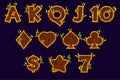 Set Slot machine icons. Gaming icons of card symbols for slot machines or casino in wooden texture. Game casino, slot