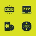 Set Slot machine with jackpot, Bingo, Online poker table game and Laptop and slot icon. Vector