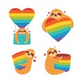 The set of sloths is hugging rainbow hearts. The collection animals for rainbow day