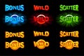 Set of slots icon templates. Vector Gold and color icons wild, bonus and scatter. For game, slots, game development. Royalty Free Stock Photo