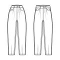 Set of Slouchy Jeans Denim pants technical fashion illustration with ankle length, normal low waist, high rise 5 pockets