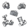A set of SLR cameras in different positions are drawn by hand Royalty Free Stock Photo