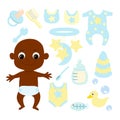 Set a small baby African or AfricanAmerican newborn or first year of life and baby items: mobile, comb, feeding bottle. Royalty Free Stock Photo
