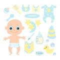 Set a small baby newborn or first year of life and baby items: mobile, comb, feeding bottle, pacifier rubber duck, bodysuit. Royalty Free Stock Photo