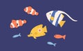 Set of small bright marine fishes. Collection of sea and ocean underwater fauna. Childish colored flat cartoon vector