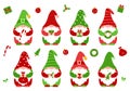 A set of small Christmas dwarfs in red, green clothes and hats, who hold New Year`s attributes in their hands.Cute little gnomes,