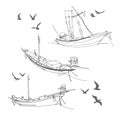 Set of small fishing boats with flying birds. Vector image. Royalty Free Stock Photo