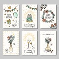 Set of 6 small hand drawn birthday cards Royalty Free Stock Photo