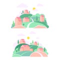 Set of small towns landscapes with green hills, trees and brick houses vector illustration