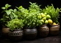 Set of small vases with aromatic plants for cooking or other uses. Healthy life. AI generated