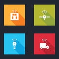 Set Smart bathroom scales, Smartwatch, light bulb and truck icon. Vector Royalty Free Stock Photo