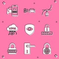 Set Smart car security system, alarm, Bezier curve, Cloud VPN interface, Shield and eye and Password protection icon Royalty Free Stock Photo