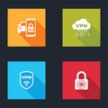 Set Smart car security system, Cloud VPN interface, Shield with wireless and Safe combination lock wheel icon. Vector Royalty Free Stock Photo