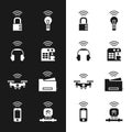 Set Smart coffee machine, headphones, safe combination lock, light bulb, drone, printer, sensor and Wireless smartphone