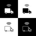 Set Smart delivery cargo truck vehicle with wireless connection icon isolated on black and white background. Vector Royalty Free Stock Photo