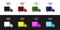 Set Smart delivery cargo truck vehicle with wireless connection icon isolated on black and white background. Vector Royalty Free Stock Photo