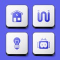 Set Smart home, Electric cable, Creative lamp light idea and Tee plug electric icon. White square button. Vector Royalty Free Stock Photo