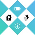 Set Smart house and light bulb, Recharging, Battery and Water energy icon. Vector