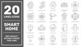 Set of Smart House related vector line icons. Contains such icons as Smart Lock, Robot Vacuum Cleaner, Camera, Light
