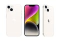 Set of Smart phone Apple iPhone 14 in different sides, in official starlight color, on white background. Realistic vector