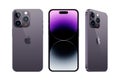 Set of Smart phone Apple iPhone 14 Pro in different sides, in official deep purple color, on white background. Realistic vector