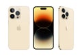 Set of Smart phone Apple iPhone 14 Pro in different sides, in official gold color, on white background. Realistic vector