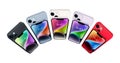 Set of Smart phone Apple iPhone 14 in top view, in official colors, on white background. Realistic vector illustration