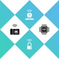 Set Smart photo camera, safe combination lock, sensor and Processor with microcircuits CPU icon. Vector Royalty Free Stock Photo