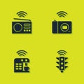 Set Smart radio, traffic light, coffee machine and photo camera icon. Vector