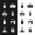 Set Smart stereo speaker, printer, Wireless mouse, keyboard, smartphone, water tap, washer and security camera icon Royalty Free Stock Photo