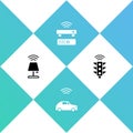 Set Smart table lamp, car system with wireless, Wireless TV box receiver and traffic light icon. Vector Royalty Free Stock Photo