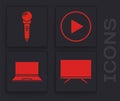 Set Smart Tv, Microphone, Play in circle and Laptop icon. Vector