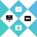 Set Smart Tv, Stopwatch, Arrow shuffle and Rewind button icon. Vector