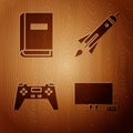 Set Smart Tv, User manual, Gamepad and Rocket ship with fire on wooden background. Vector