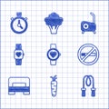 Set Smart watch, Carrot, Jump rope, No Smoking, Big bed, Stationary bicycle and Stopwatch icon. Vector