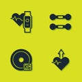 Set Smart watch with heart, Heartbeat increase, Weight plate and Dumbbell icon. Vector