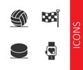 Set Smart watch with heart, Volleyball ball, Hockey puck and Checkered flag icon. Vector