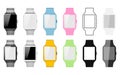 Set of smart watch made in different styles: Realistic, flat, linear icon, colourful. Vector illustration of 12 smartwatch.