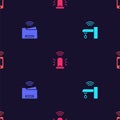 Set Smart water tap, printer, flasher siren and Wireless smartphone on seamless pattern. Vector
